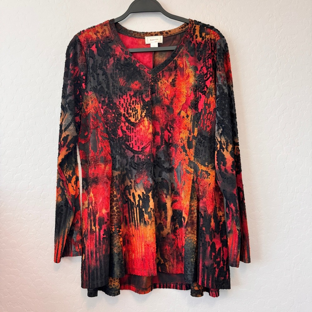Kamana Large Tunic Top Red Orange Long Sleeve Abstract Burnout V-Neck Textured